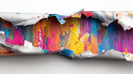 Papel rasgado revelando un fondo vibrante y abstracto con pinceladas de colores.