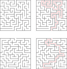 Four square maze puzzle solutions with red highlighted paths for problem solving concepts