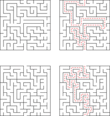 Four square layouts of maze puzzles two solved two unsolved showing problem solving concepts