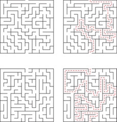 Collection of black and white maze puzzles with red highlighted paths for problem solving and solution finding