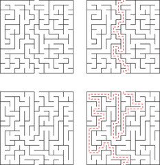 Four square puzzle maze examples with two mazes showing the solved solution pathways in red dotted lines.