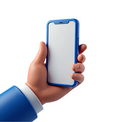 Hand Holding Blue Smartphone Mockup for Mobile App Design isolated on transparent background