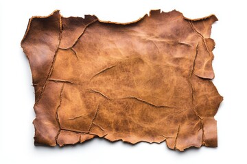 Damaged leather surface showing rough fraying around tear, cut out, isolated white background
