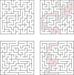 Four square mazes with and without solutions for problem solving and cognitive challenges.
