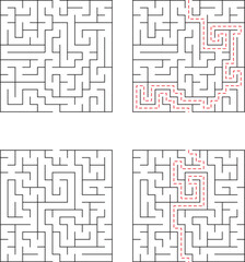 Four maze puzzles with solutions marked in red lines representing strategic thinking and problem solving