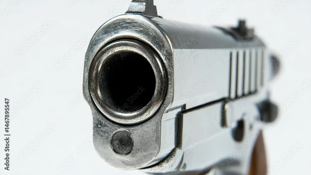 Poster a detailed view of a firearm on a plain background, ideal for use in still life or product photograp