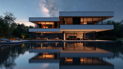 Night view of elegant modern mansion high resolution picture