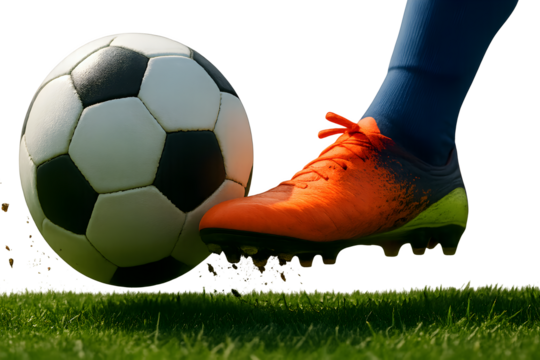 Soccer background concept, football banner with copy space text, foot kicking ball at goal, soccer game, match, transparent background