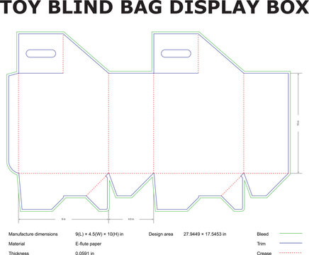 Technical drawing of toy blind bag display box template for manufacturing and packaging designs