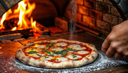 Cooking pizza in a wood oven. Flames burning. Cheese bubbling. Baker's hands