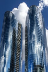 Obraz premium Modern Glass Buildings Against Blue Sky and Clouds
