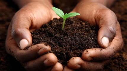 Dark-skinned hands holding fertile soil with a tiny sprout.