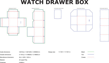 Detailed blueprint outlines of a watch drawer box including dimensions and manufacturing specifications for packaging.