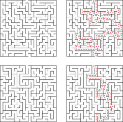 Four different square mazes with one showing the solved path in red for concept and illustration purposes.