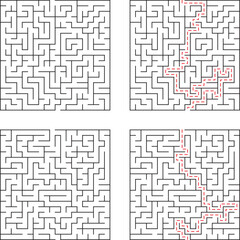 Complex labyrinth maze puzzles with solutions displayed using a red path showing the right way