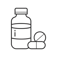 medicine bottle and pills outline icon on white background