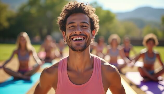 Smiling young man practices yoga outdoors with friends. Group yoga class in park during sunny day. People fitness exercises, healthy lifestyle. Wellness, mental health, activity, sport, meditation.