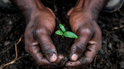 Hands holding a young seedling in rich soil.