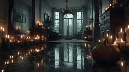 Fototapeta premium Spooky Halloween Interior Candles, Pumpkin, and Dark Mansion