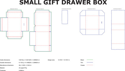 Detailed technical vector blueprint of a small gift drawer box packaging design template