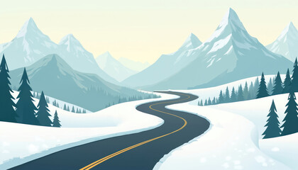 Road illustration with winding path through snow capped mountains. Road leads to future, business goal with milestones markers on strategic planning journey. Winter season with white snow forest,