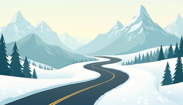 Road illustration with winding path through snow capped mountains. Road leads to future, business goal with milestones markers on strategic planning journey. Winter season with white snow forest,
