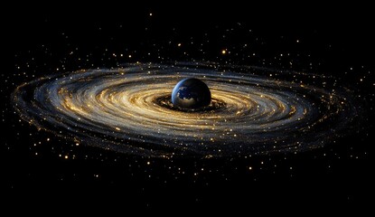 Fototapeta premium Earth in a cosmic swirl. A swirling vortex of golden-hued nebulae surrounds a blue planet, set against a backdrop of twinkling stars