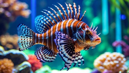Photorealistic 8K Lionfish in Coral Aquarium with Ocean Lighting