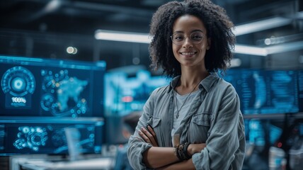 Mujer sonriendo de pie en una sala de control futurista con pantallas y tecnología avanzada.