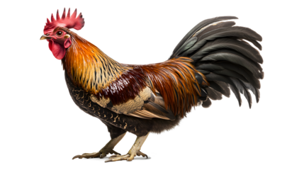 Majestic Rooster Portrait: A striking portrait of a vibrant rooster, showcasing its rich plumage and proud posture, symbolizing rural charm and farm life. isolated on a white background