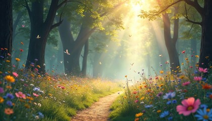 Fototapeta premium Sunlit forest path wildflowers. Meadow blooms, butterflies, trees, sunshine, forest path, spring, summer scenery. Sunlight rays, magical fantasy, peaceful, dreamlike atmosphere.