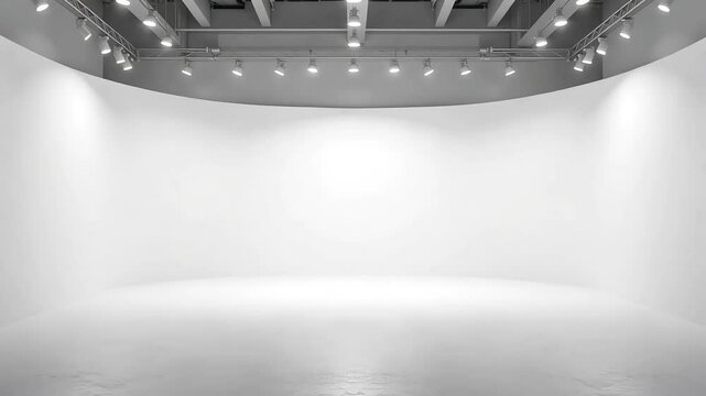 Empty white studio space perfect for photography fashion shoots product displays or film productions offering ample room and professional lighting