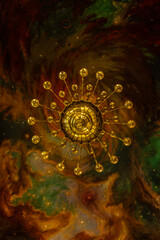 An ornate, multi-light, golden chandelier hangs from a richly painted ceiling depicting a celestial scene, creating a striking and surreal image.