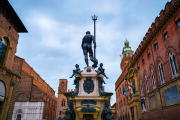 Neptune's Fountain (Fontana del Nettuno) in Piazza Maggiore, Bologna, Emilia-Romagna, Italy—an iconic Renaissance masterpiece symbolizing power, water, and the spirit of the city