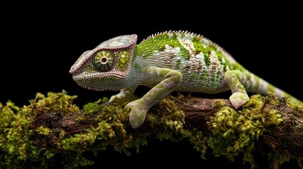 Fototapeta premium Colorful chameleon perched on mossy branch, showcasing vibrant scales and intricate patterns, perfect for nature enthusiasts.