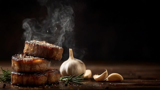 Juicy grilled steak stacked with herbs and garlic, emitting steam in a dark, rustic setting
