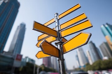 Highway Road Sign Indicating Multiple City Directions Amidst Urban Skyscrapers on a Sunny Day Generative AI