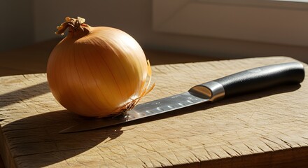 A single onion and a knife resting on a wooden cutting board in bright sunlight