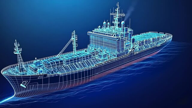 Wireframe model of a cargo ship sailing on a dark blue digital sea