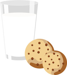 Glass of milk and two oatmeal cookies with chocolate chips. Vector illustration in flat style. Isolated on transparent background.
