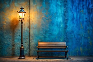 Wooden Bench and Lamppost Against a Blue Wall