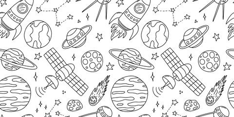 Doodle space vector seamless pattern. Rocket, planet, stars, Satellite and meteorite pattern © Александра Кириченко
