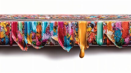 Una vista de cerca de una superficie cubierta de pintura colorida que gotea.