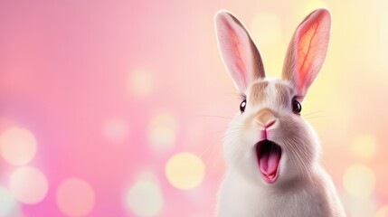 Obraz premium Playful white rabbit with big ears, cheerful expression against a soft pastel background, perfect for spring-themed designs.