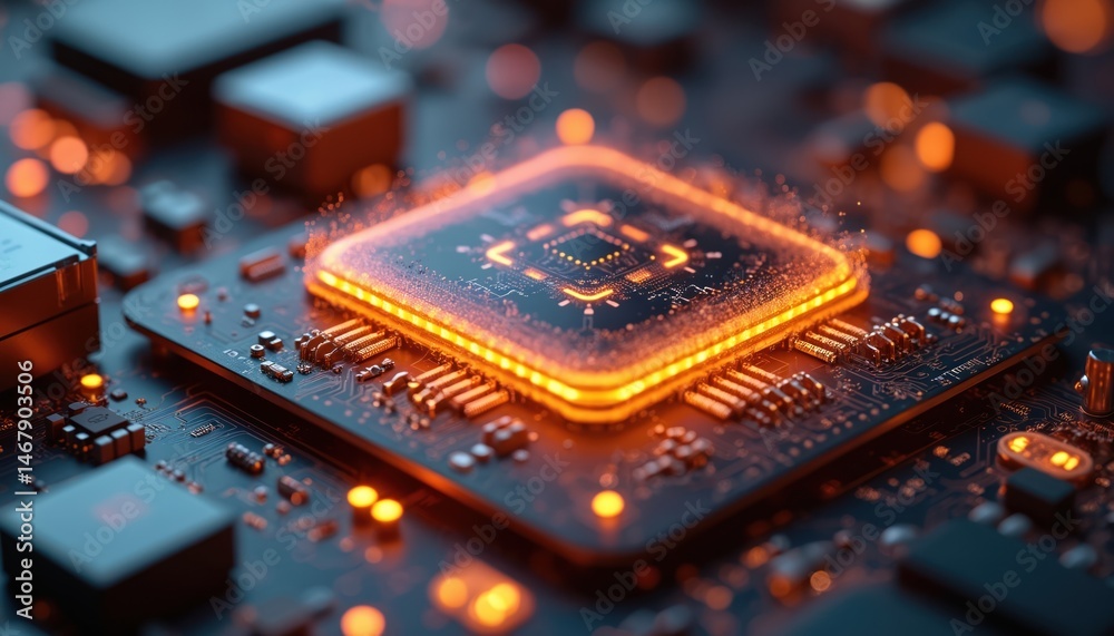 Aufkleber Futuristic quantum computer with glowing circuits, quantum bits. High-tech lab environment advanced architecture design. Computer CPU, processor, motherboard with glowing digital circuits. Innovation