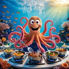 Octopus Chef in Underwater Kitchen