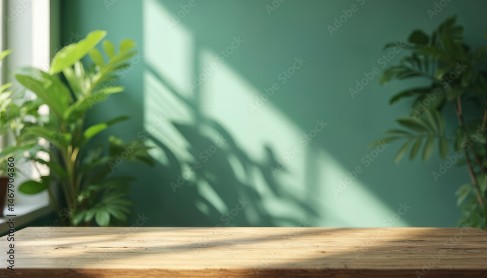 Poster empty wood table with sunlight leaf shadow on green wall background. interior design template with s