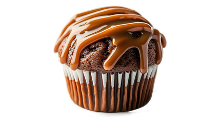 Decadent Caramel Cupcake: A close up shot of a mouthwatering chocolate cupcake, lavishly drizzled with rich golden caramel. The image evokes indulgence and deliciousness isolated on a white background
