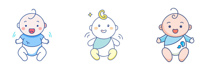 Three adorable cartoon baby illustrations isolated on a white background, smiling