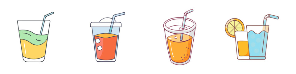 Colorful cartoon drinks on white background, perfect for summer time relaxation
